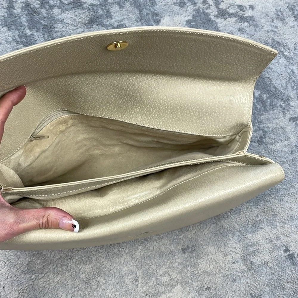 Vintage Gucci Beige Double Flap Clutch Bag Sherry Web Trim